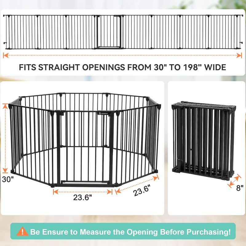 Photo 3 of (READ NOTES) COMOMY 198" Baby Gate Extra Wide, Dog Gate Pet Gate for House Stairs Doorways Fireplace, 3 in 1 Play Yard Child Safety Gate, Auto Close, Hardware Mounted (30" Tall, Black) 198Inch Black