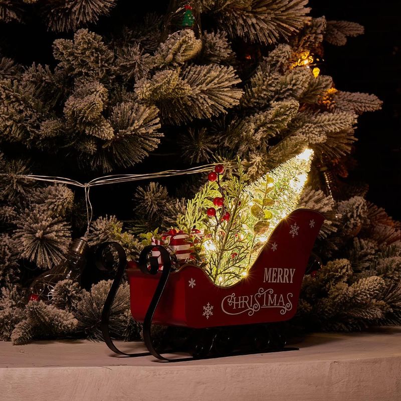 Photo 2 of (READ NOTES) Emadgift Christmas Metal Sleigh Decoration with Christmas Tree&Gift Box for Table top Christmas Décor and Home Decoration-Battery Operated with Warm White LED Lights-Red Color