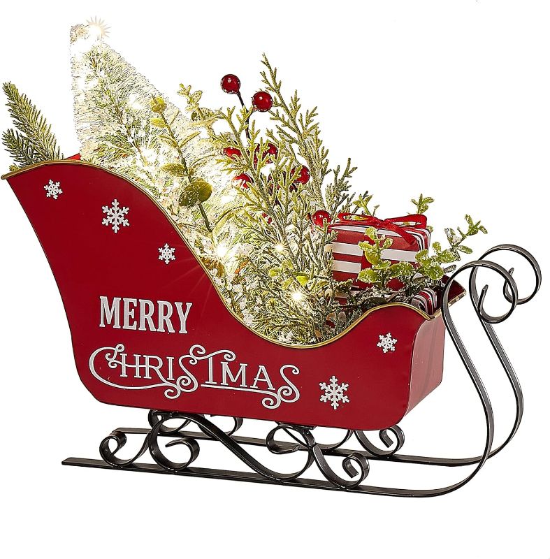 Photo 1 of (READ NOTES) Emadgift Christmas Metal Sleigh Decoration with Christmas Tree&Gift Box for Table top Christmas Décor and Home Decoration-Battery Operated with Warm White LED Lights-Red Color