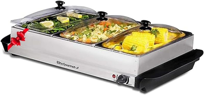 Photo 1 of (READ NOTES) Elite Gourmet EWM-6171 Triple 3 x 2.5 Qt. Trays, Buffet Server, Food Warmer Temperature Control, Clear Slotted Lids, Perfect for Parties, Entertaining & Holidays, 7.5 Qt Total, Stainless Steel
