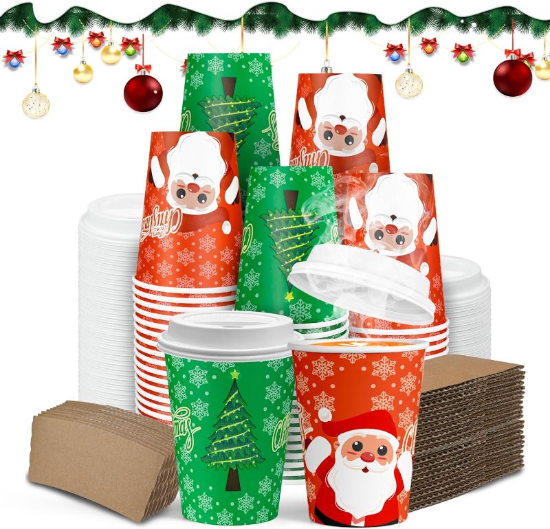 Photo 1 of [100 Set] 12 Oz Christmas Disposable Coffee Cups with Lids & Sleeves,To Go Coffee Cups for Hot Chocolate,Drinks and Christmas Party Decoration Supplies
