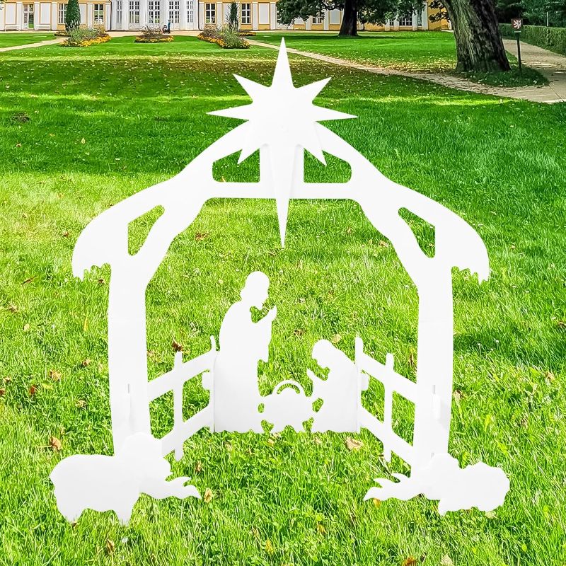 Photo 1 of (READ NOTES) Outdoor Nativity Scene - 28'' x 27'' Large Yard Weatherproof Nativity Display Set for Holy Family Xmas Holiday Front Lawn Sign Manger Christmas Decorations with Stakes