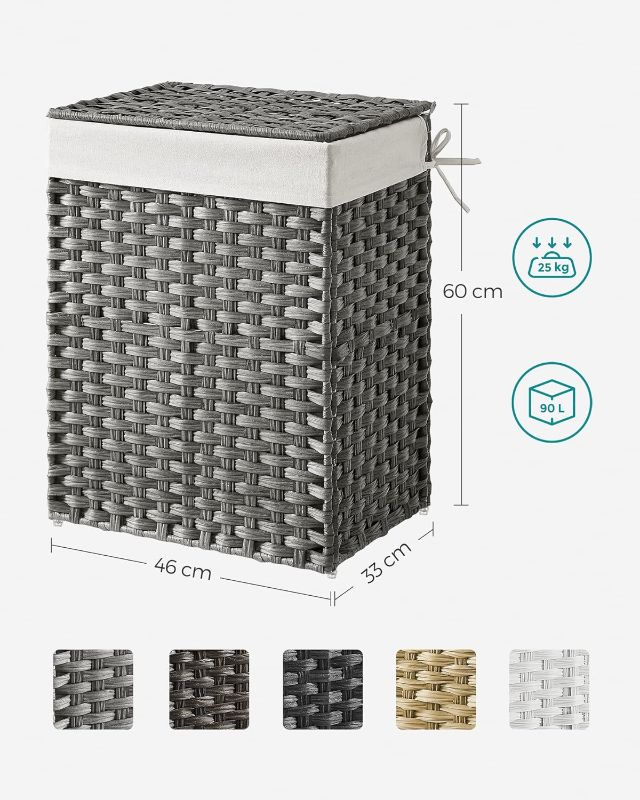 Photo 3 of (READ NOTES) SONGMICS Handwoven Laundry Basket, 90L Synthetic Rattan Clothes Hamper with Lid and Handles, Foldable, Removable Liner Bag, Grey LCB51WG
