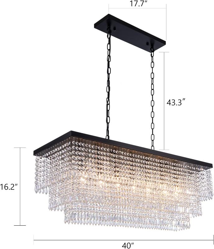 Photo 4 of (READ NOTES) Wellmet Black Crystal Chandelier 40 inch, Modern Farmhouse Chandeliers Dining Room Lighting Fixture, Adjustable Rectangle Hanging Ceiling Light for Living Room, Kitchen Island