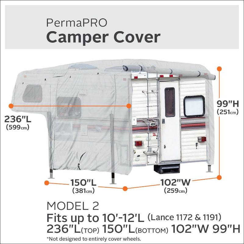 Photo 3 of (READ NOTES) Classic Accessories Over Drive PermaPRO Deluxe Water-Repellent Camper Cover, Fits 10' - 12' Campers, Camper RV Cover, Customizable Fit, Water-Resistant, All Season Protection for Motorhome, Grey 236"L (top) x 150"L (bottom) x 102"W x 99"H