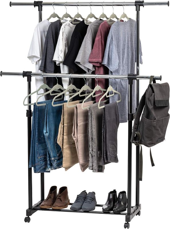 Photo 1 of (READ NOTES) IRIS USA Extendable Double Rod Clothes Rack, Garment Rack, Clothing Rack w/Lockable Wheel
