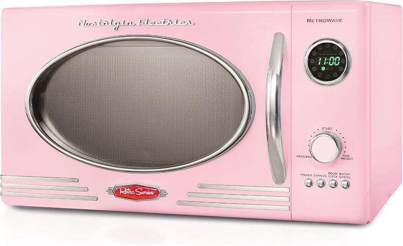 Photo 1 of (READ NOTES) Nostalgia Retro Countertop Microwave Oven - Large 800-Watt - 0.9 cu ft - 12 Pre-Programmed Cooking Settings - Digital Clock - Kitchen Appliances - Pink
