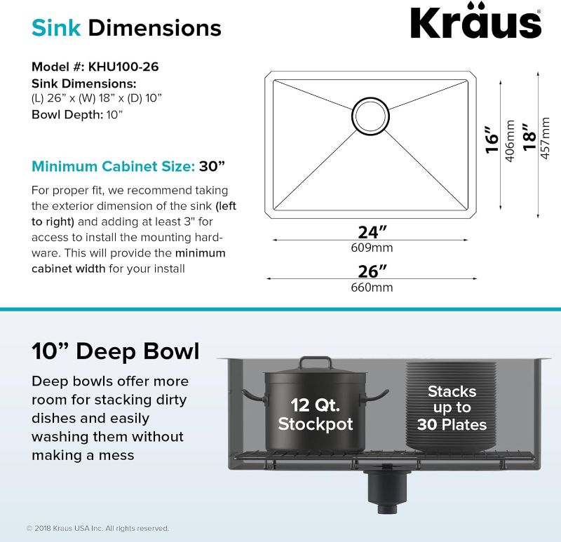 Photo 5 of (READ NOTES) Kraus KHU100-26 Standart Pro 16 Gauge Undermount Single Bowl Kitchen Sink, 26 Inch, Stainless Steel
