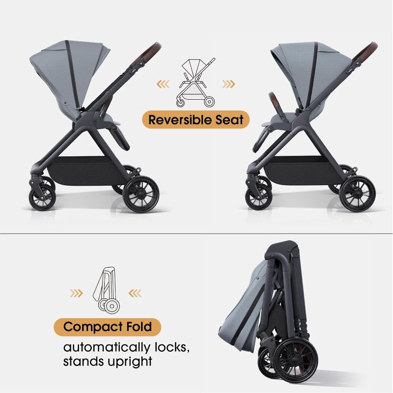 Photo 4 of (READ NOTES) newyoo Baby Stroller, Baby Reversible Stroller, Standard Stroller, Parent or Forward Facing, One-Hand Recline, Compact Fold, Extendable Canopy, Cushion, Mosquito Net, Wrist Strap(Include) Grey