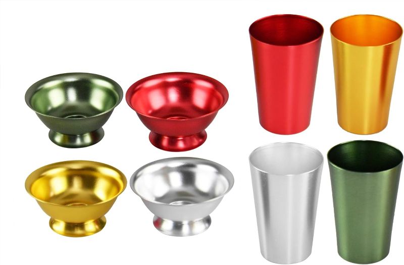 Photo 1 of (READ NOTES) Home-X Aluminum Bowls and Tumblers Set of 8, 4 Metal Serving Dishes and 4 12 Ounce Shatter Resistant Drinking Cups in Red, Green, Silver and Gold
