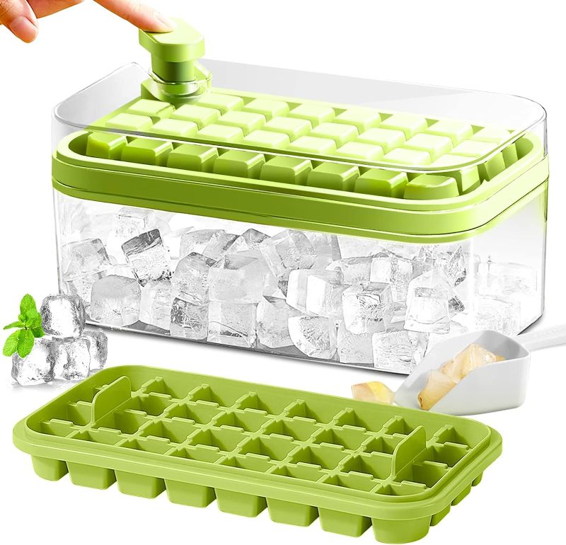Photo 1 of (READ NOTES) Ice Cube Tray with Lid and Bin, 2 Pack Ice Cube Trays for Freezer & 1 Ice Scoop, 64 Pcs Easy Release Ice Cube Mold Ice Tray for Chilling Cocktail Whisky Coffee(green)