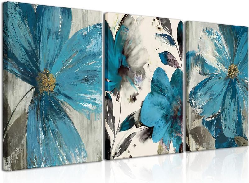Photo 1 of (READ NOTES) AKWISH 3 Pcs Framed Blue Teal Flowers Canvas Prints Wall Art ink painting Wall Decor Modern Florals Posters Pictures for Bathroom Bedroom Living Room Office Home Decoration Ready to Hang 12"x16"x3