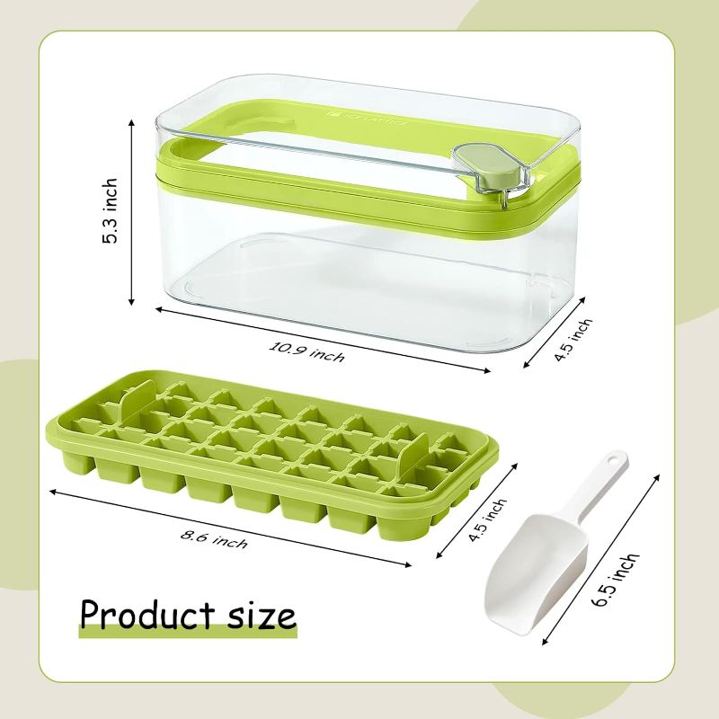 Photo 3 of (READ NOTES) Ice Cube Tray with Lid and Bin, 2 Pack Ice Cube Trays for Freezer & 1 Ice Scoop, 64 Pcs Easy Release Ice Cube Mold Ice Tray for Chilling Cocktail Whisky Coffee(green)
