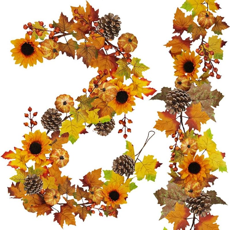 Photo 1 of (READ NOTES) 2 Pack Fall Maple Leaf Garland - 6ft/Piece Artificial Berries Sunflower Pumpkin Autumn Garland Decoration for Wedding Party Thanksgiving Dinner Fireplace Door Frame Doorway Backdrop Decor