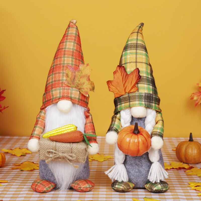 Photo 1 of (READ NOTES 2 SETS OF) QuanYaaJoy 2Pcs Fall Decorations for Home Thanksgiving Gnomes Indoor, Handmade Plush Gnomes Hold Pumpkin Corn Carrots Gifts with Hat Maple Decor Harvest Thanksgiving Gnome for Home Kitchen