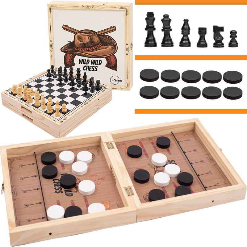 Photo 1 of (READ NOTES) Fast Sling Puck Game Large Size 22 x 11 in Sling Puck & Chess Game 2-in-1 Foldable Sling Football Game Set, Wooden Hocky Game - Excellent Gift Idea for Kids and Adults (Western Theme)