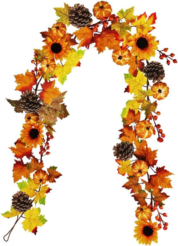 Photo 1 of (READ NOTES) Winlyn Fake Fall Maple Leaf Garland Hanging Vine- 6 Feet - Artificial Berries Sunflower Pumpkin Autumn Decoration for Wedding Party Thanksgiving Dinner Fireplace Door Frame Doorway Backdrop Decor