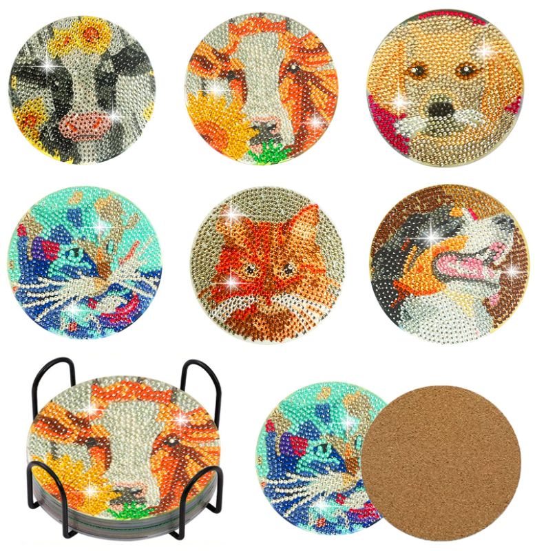 Photo 1 of 2 PACK EVAJE 6 Pcs Animal Diamond Painting Coasters, DIY Dog Art for Kids Cat with Holder Beginners Kits Adults, Clear, (CCXX0125)