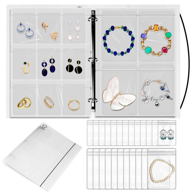 Photo 1 of 17Dec Extra Large Transparent Jewelry Storage Book Box with 300 Slots,Clear Travel Earring Jewelry Organizer Binder with Pocket,50 Plastic PVC Bag for Ring,Necklace,Bracelets,Stud White,300 grids+50 pvc bags