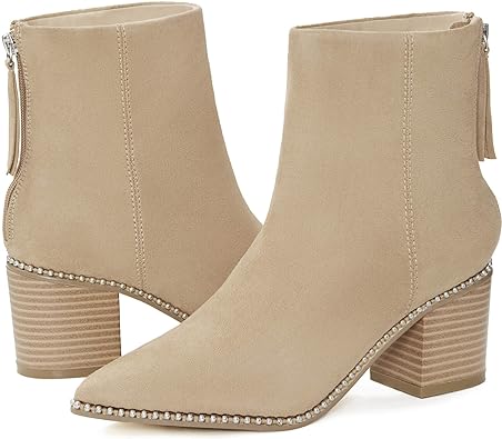 Photo 1 of LAICIGO Women's Pointed Toe Ankle Boots Chunky Stacked Heel Back Zipper Faux Suede Winter Warm Booties BEIGE 6 