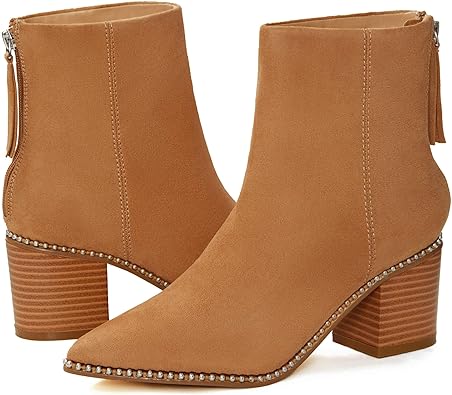 Photo 1 of LAICIGO Women's Pointed Toe Ankle Boots Chunky Stacked Heel Back Zipper Faux Suede Winter Warm Booties CAMEL  6