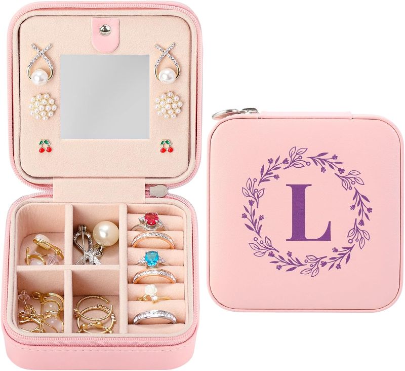 Photo 1 of Personalized Travel Jewelry Box with Mirror, Small Jewelry Case Organizer, Womens Christmas Gifts, Ideal Monogrammed Birthday Gifts, Pink Portable Jewelry Holder for Earrings Ring Neckalaces - L