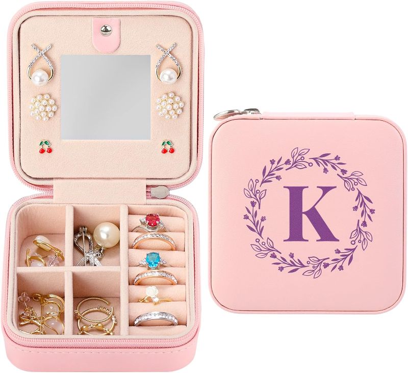 Photo 1 of Personalized Travel Jewelry Box with Mirror, Small Jewelry Case Organizer, Womens Christmas Gifts, Ideal Monogrammed Birthday Gifts, Pink Portable Jewelry Holder for Earrings Ring Neckalaces - K