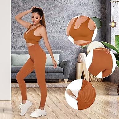 Photo 1 of *STOCK IMG AS REF* BEIGE Gondola Blu Workout Sets for Women Seamless Ribbed Sweatsuits Yoga 2 Piece Outfits Gym Sport Bra and High Waist Leggings SMALL