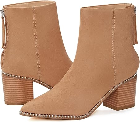 Photo 1 of LAICIGO Women's Pointed Toe Ankle Boots Chunky Stacked Heel Back Zipper Faux Suede Winter Warm Booties 7.5 BEIGE