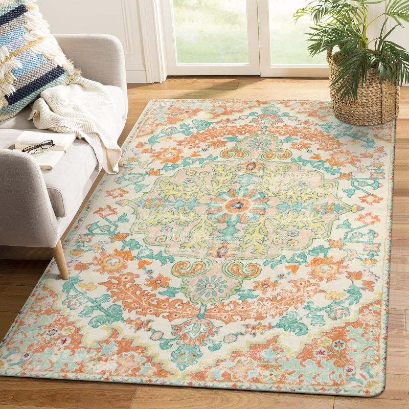 Photo 1 of *STOCK IMG AS REF*  Bohemian Floral Medallion Area Rug - 4x6 Non-Slip Washable Low-Pile Carpet for Bathroom Living Kitchen Laundry Room 4' x 6' Orange/Multi