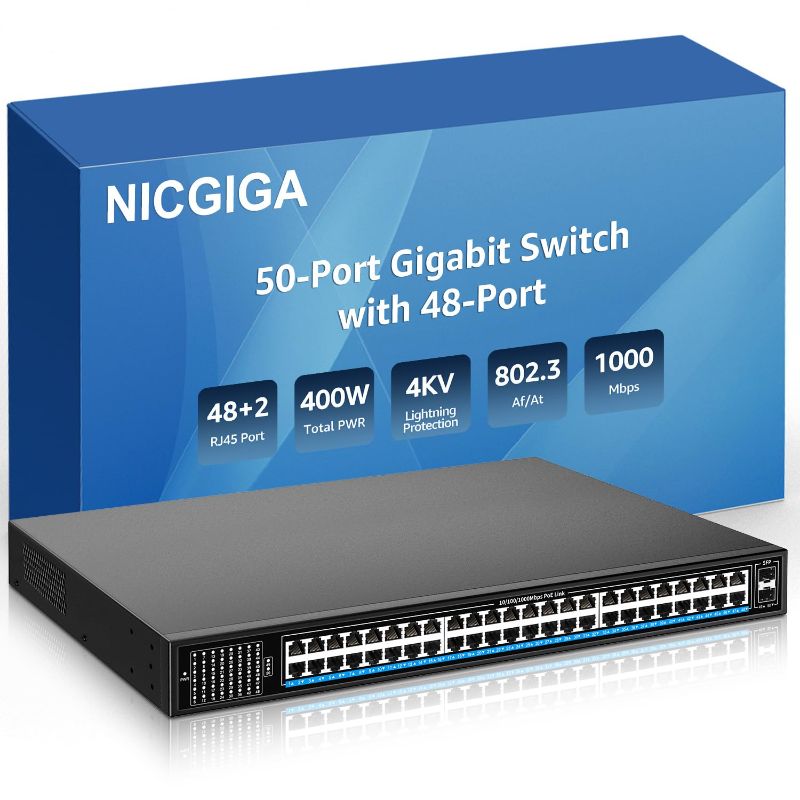 Photo 1 of 48 Port Gigabit PoE Switch Unmanaged with 48 Port IEEE802.3af/at PoE+@400W, 2 x 1G SFP, NICGIGA