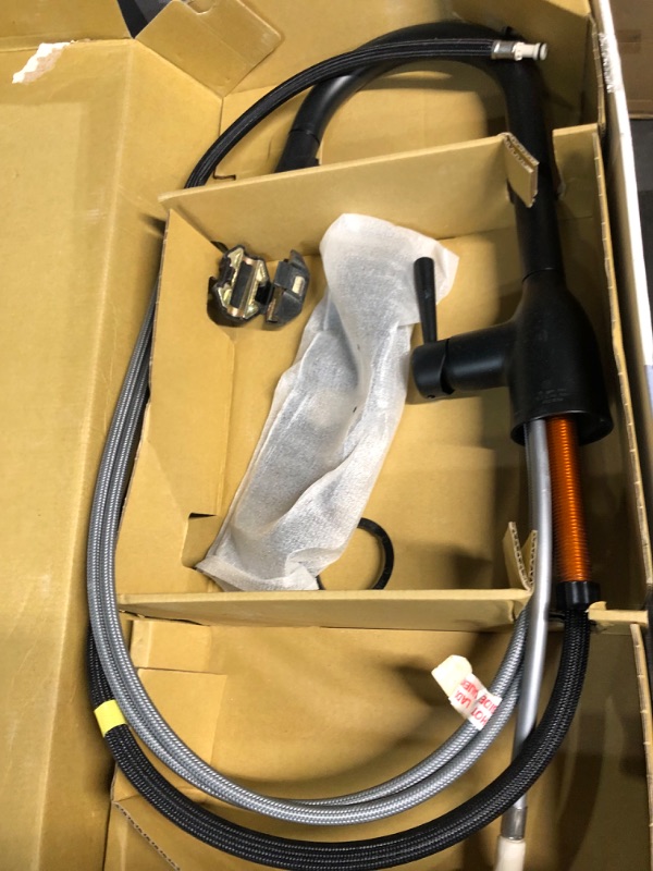 Photo 1 of Moen Adler Matte Black One-Handle High Arc Pulldown Kitchen Faucet with Power Clean, 87233BL Matte Black Faucet