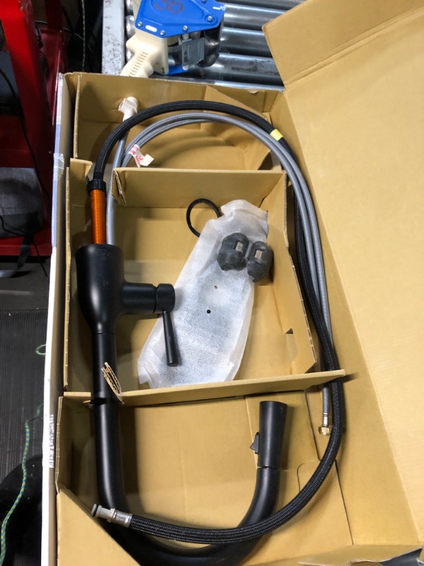 Photo 1 of Moen Adler Matte Black One-Handle High Arc Pulldown Kitchen Faucet with Power Clean, 87233BL Matte Black Faucet