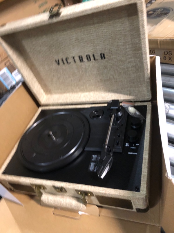 Photo 3 of Victrola Journey+ Signature Turntable Record Player - 33-1/3, 45 & 78 RPM Suitcase Vinyl Record Player, Bluetooth Connectivity & Built-in Speakers, Stereo RCA Output, Linen Finish, Cream