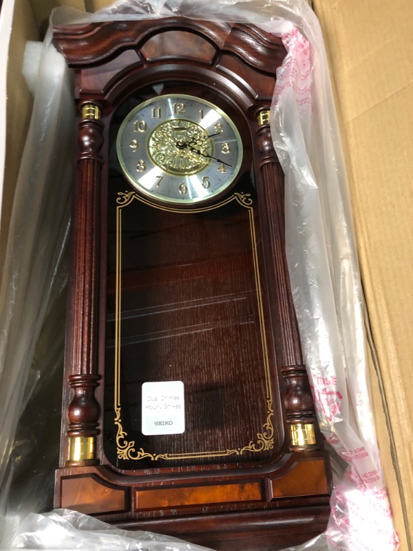 Photo 2 of **PARTS ONLY** SEIKO Stately Dark Brown Solid Oak Case Wall Clock with Pendulum and Chime