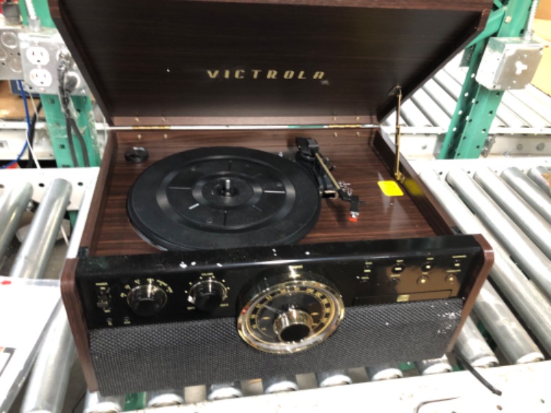 Photo 2 of Victrola Empire Mid-Century 6-in-1 Turntable with 3 Speed Record Player, Bluetooth Connectivity, Radio, Cassette and CD Player (Espresso) Espresso Record Player