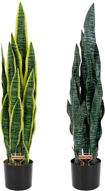 Photo 1 of **SET OF 2**TONAHUTU 3FT Artificial Snake Plant 35in Green Fake Sansevieria, Mini Plant with Black Plastic Planter 21 Thick Leaves for Home Office Farmhouse Indoor Decor (Yellow)