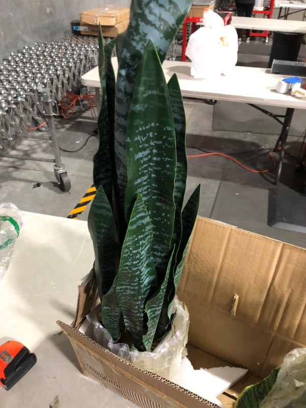 Photo 1 of **SET OF 2**TONAHUTU 3FT Artificial Snake Plant 35in Green Fake Sansevieria, Mini Plant with Black Plastic Planter 21 Thick Leaves for Home Office Farmhouse Indoor Decor (Yellow)