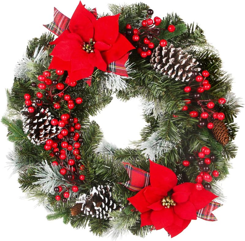 Photo 1 of ***READ NOTE24 Inch Christmas Wreath Green Leaves Wreath for Front Door Artificial Eucalyptus Wreath with Berry and Pine Branches Christmas Decorations Indoor and...
