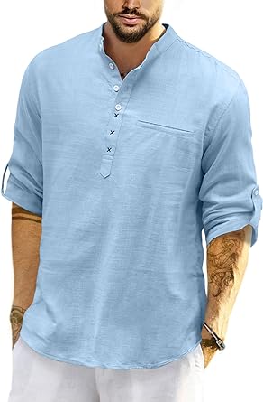 Photo 1 of JMIERR Men's Cotton Linen Henley Shirt Casual Hippie Long Sleeve Beach T Shirts with Pocket (Small) Sky Blue