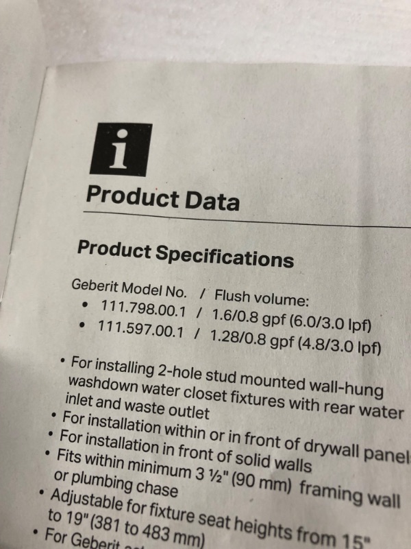 Photo 6 of **USED BUT APPEARS NEW**  Geberit Duofix 0.8/1.28 GPF Dual Flush In-Wall System with Sigma Concealed Tank for 2x4 Construction in White