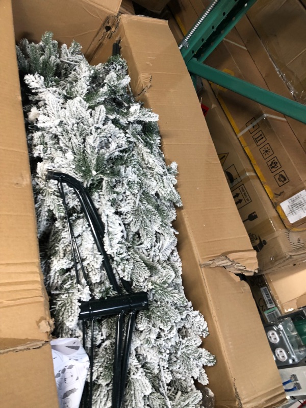 Photo 1 of 7FT Pre-lit Flocked Christmas Tree with Warm White Lights, Snow Flocked Full Xmas Tree with 1326 Branch Tips, 400 Incandescent Lights & Foldable Stand for Outdoor and Indoor Decoration Snow Flocked 7FT+Light