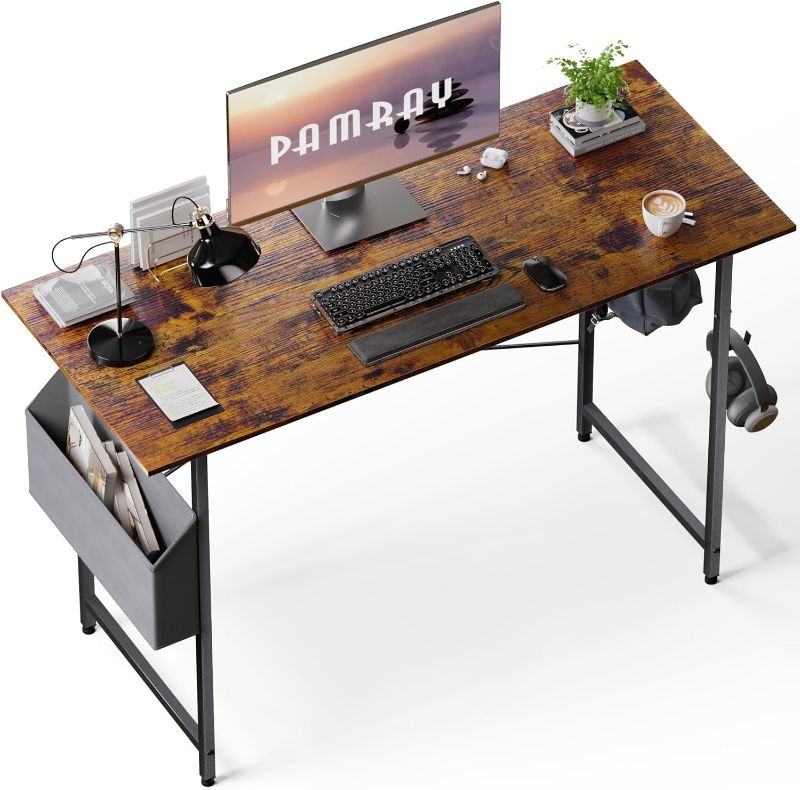 Photo 1 of Pamray 47 Inch Computer Desk for Small Spaces with Storage Bag, Home Office Work Desk with Headphone Hook, Small Office Desk Study Writing Table
