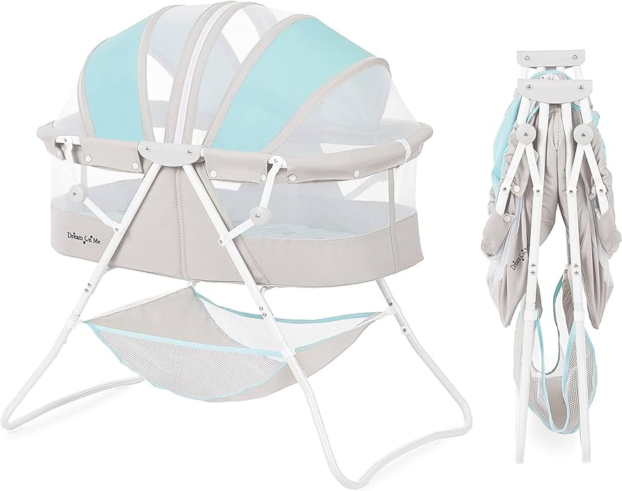 Photo 1 of Dream On Me Karley Bassinet in Blue & Grey, Lightweight Portable Baby Bassinet,