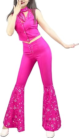 Photo 1 of Cowgirl Outfit 70s 80s Hippie Disco Costume Pink Flare Pant Halloween Cosplay For Women Girls