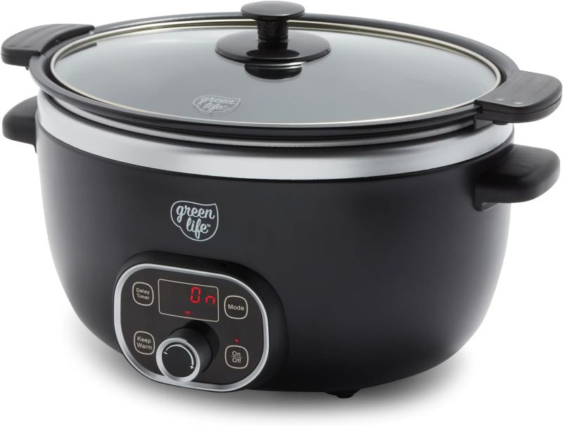 Photo 1 of **TURNS ON, HANDLE COVER IS BROKEN**  GreenLife Cook Duo Healthy Ceramic Nonstick Programmable 6 Quart Family-Sized Slow Cooker, Black
