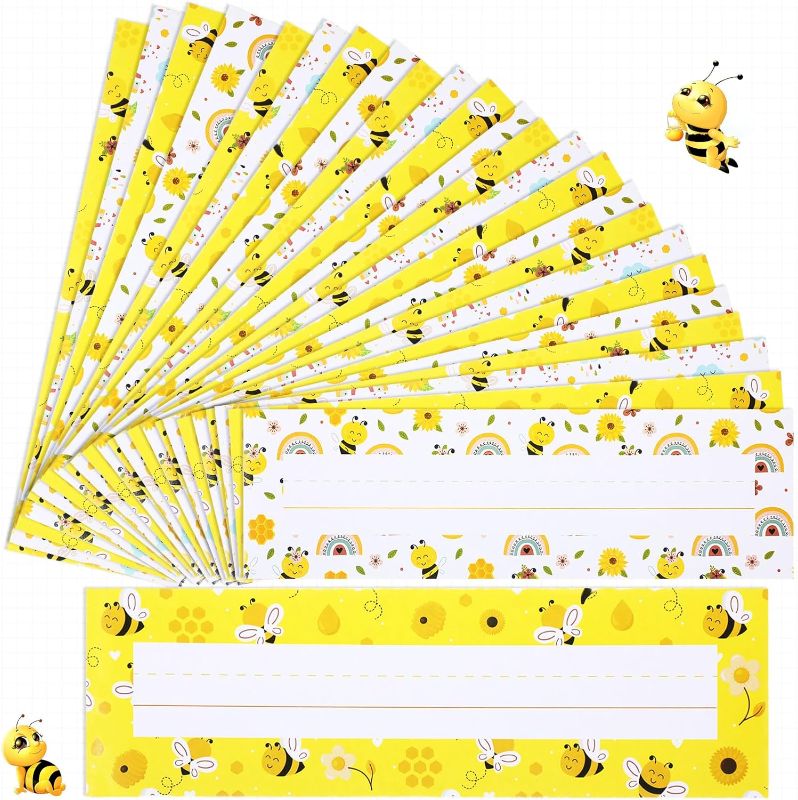 Photo 1 of (X2) Glenmal 240 Pcs Bee Teacher Name Plate for Desk 3 x 10 Inches Erasable Student Name Tags for Desks Traditional Manuscript Name Plate Classroom Decoration for Classroom School Student

