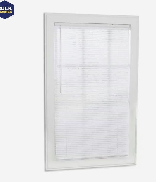 Photo 1 of (READ NOTES) Project Source Light Filtering 1-in Slat Width 58-in x 64-in Cordless White Vinyl Light Filtering Mini Blinds
