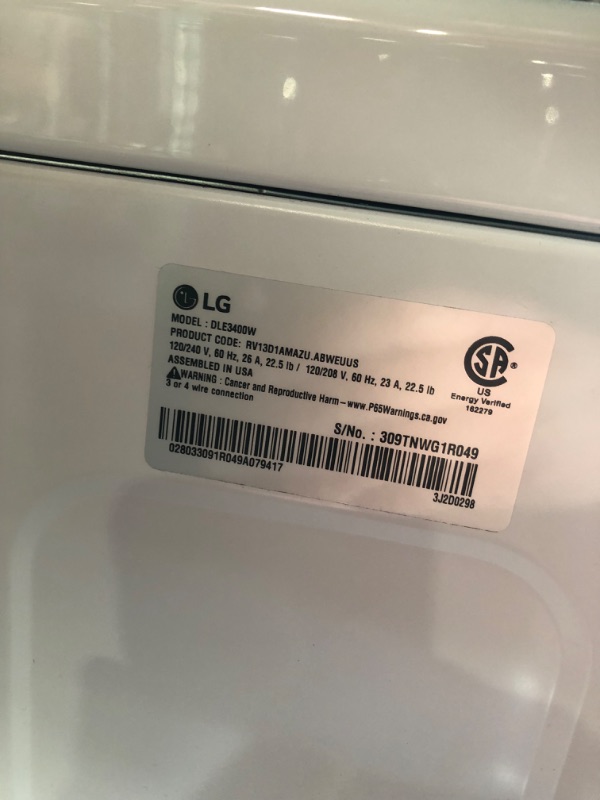 Photo 4 of ***-Parts Only***(READ NOTES) LG 7.4 cu. ft. Ultra Large Capacity Electric Dryer DLE3400W