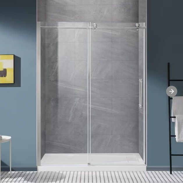 Photo 1 of (READ NOTES) allen + roth Ellum Satin Nickel 58-1/2-in to 60-in x 78.75-in Frameless Sliding Soft Close Shower Door
